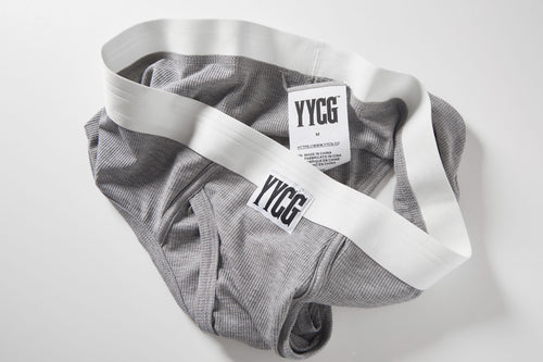 Gray Ribbed Brief studio flat-lay — YYCG men's ribbed bamboo-rayon underwear