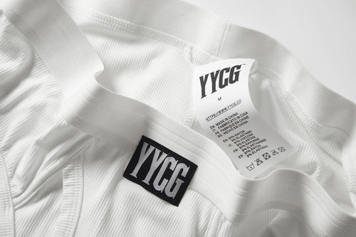White Ribbed Brief studio flat-lay — YYCG men's ribbed bamboo-rayon underwear