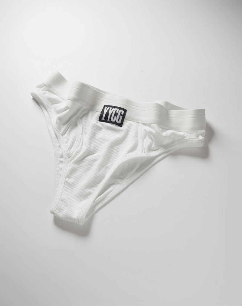White Ribbed Boy Brief studio flat-lay — YYCG women's ribbed bamboo-rayon underwear