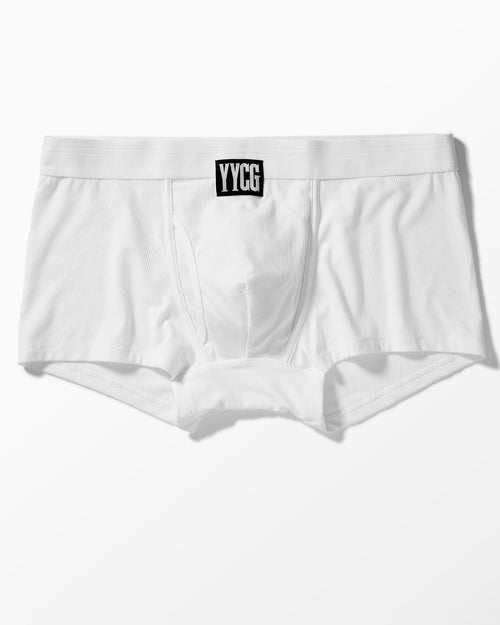 White Ribbed Boxer Brief studio flat-lay — YYCG men's ribbed bamboo-rayon underwear