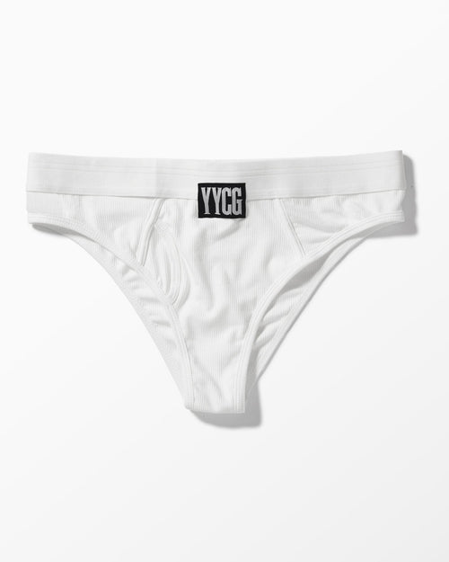 White Ribbed Boy Brief studio flat-lay — YYCG women's ribbed bamboo-rayon underwear