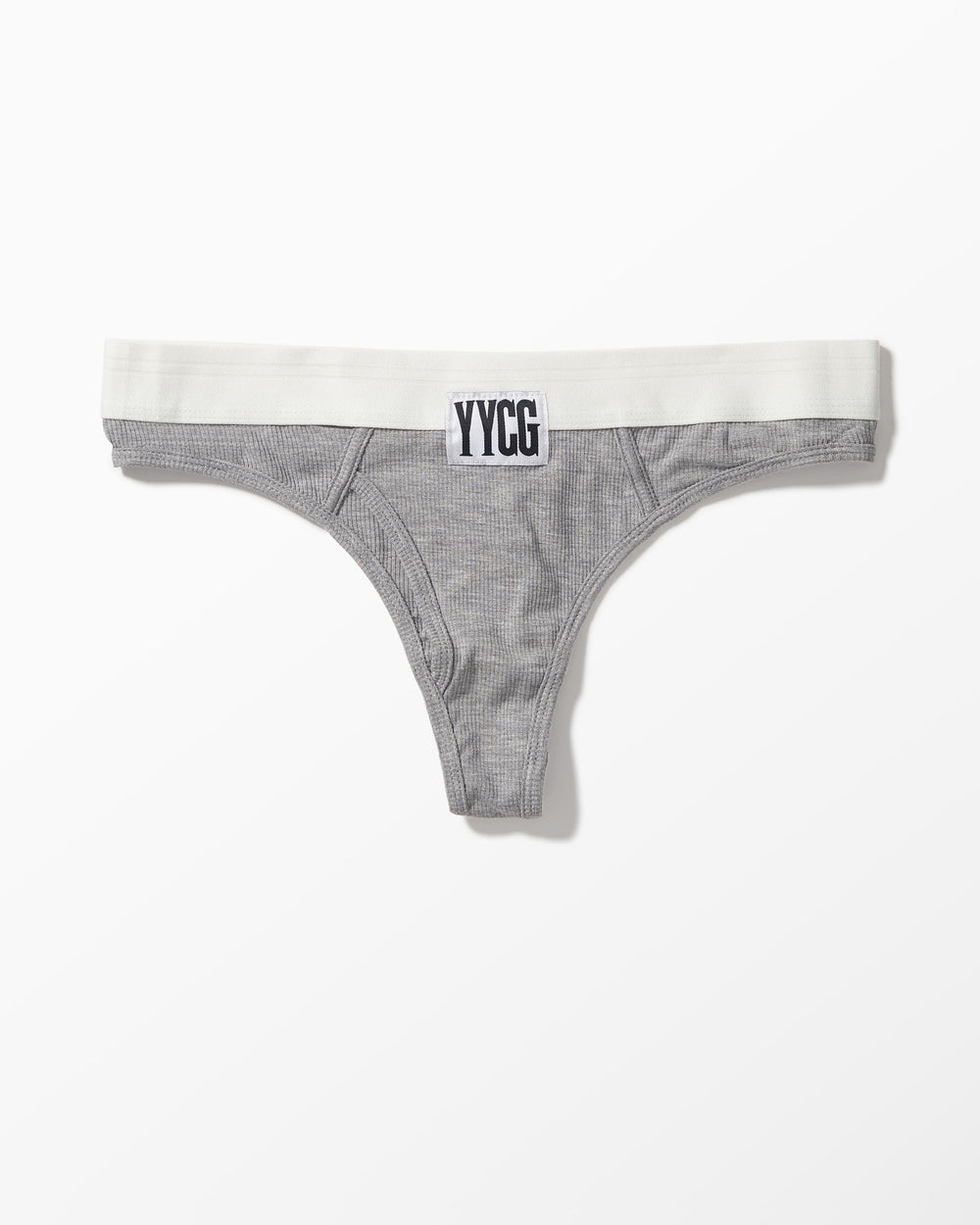 Gray Ribbed Thong studio flat-lay — YYCG women's ribbed bamboo-rayon underwear
