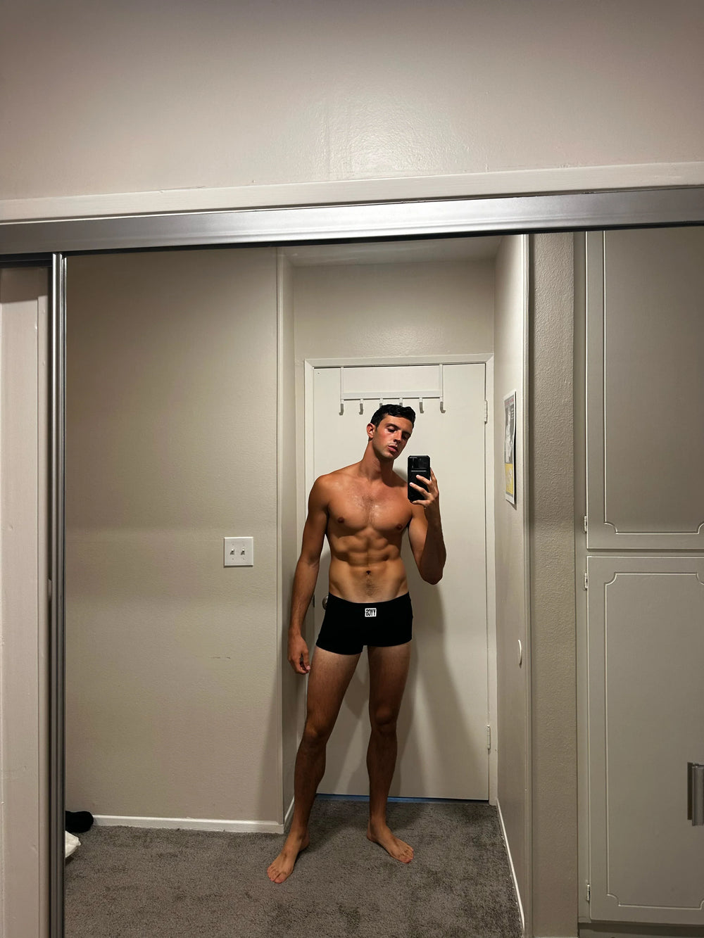 Model wearing the black Ribbed Boxer Brief — YYCG men's ribbed bamboo-rayon underwear
