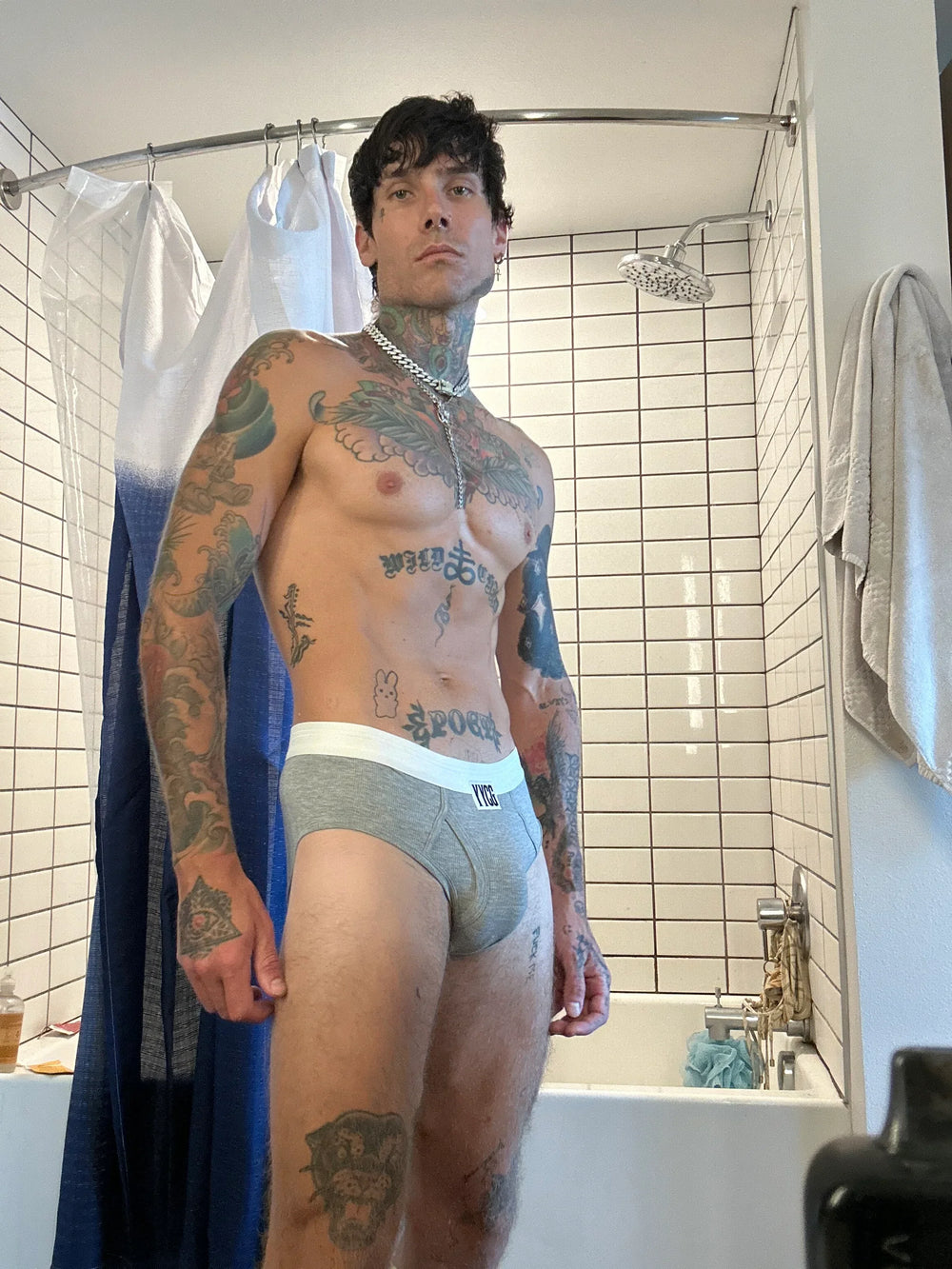 Model wearing the gray Ribbed Brief — YYCG men's ribbed bamboo-rayon underwear
