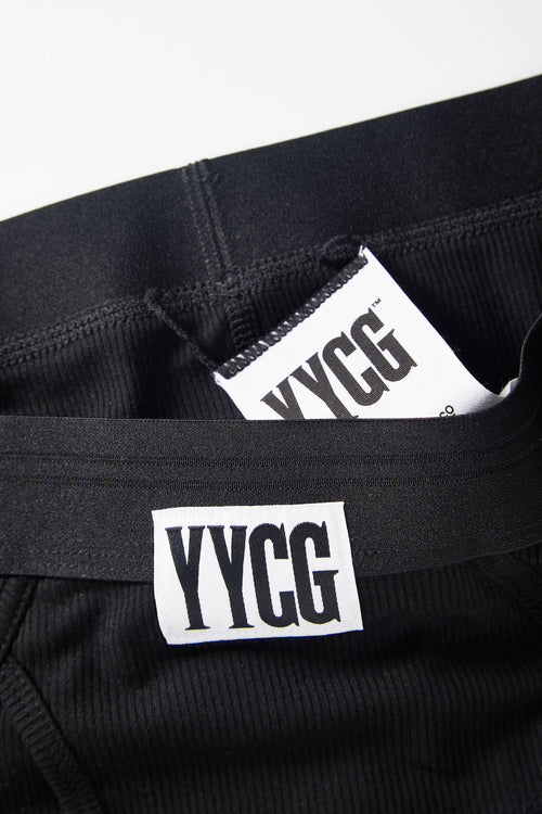 Black Ribbed Boy Brief studio flat-lay — YYCG women's ribbed bamboo-rayon underwear
