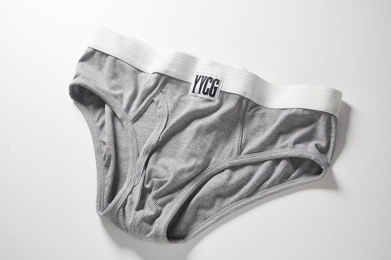 Gray Ribbed Brief studio flat-lay — YYCG men's ribbed bamboo-rayon underwear

