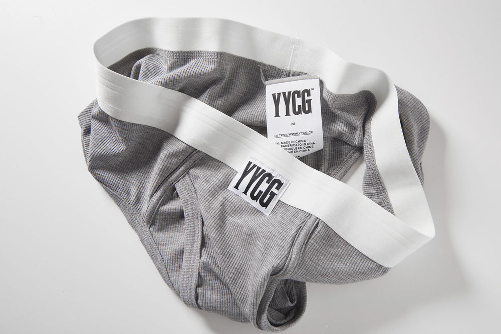 Gray Ribbed Brief studio flat-lay — YYCG men's ribbed bamboo-rayon underwear
