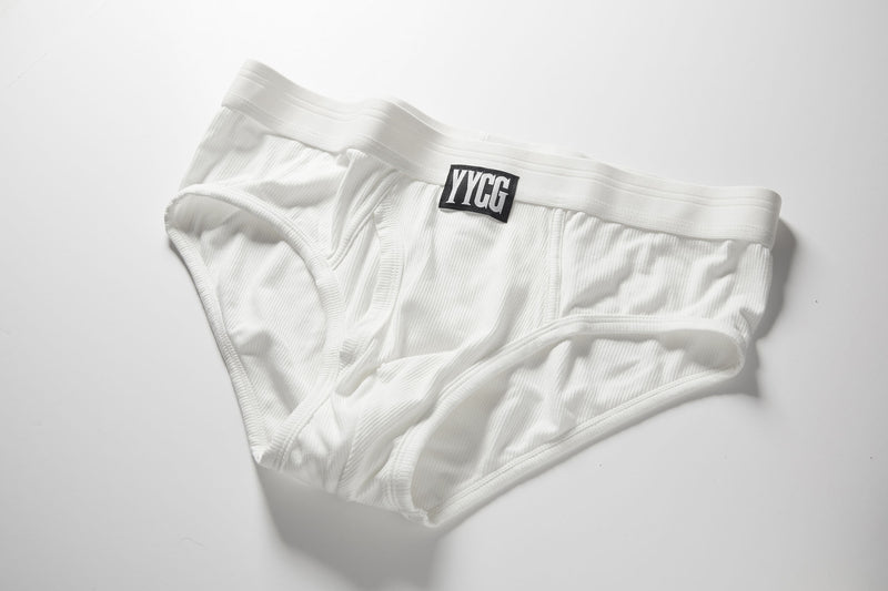 White Ribbed Brief studio flat-lay — YYCG men's ribbed bamboo-rayon underwear
