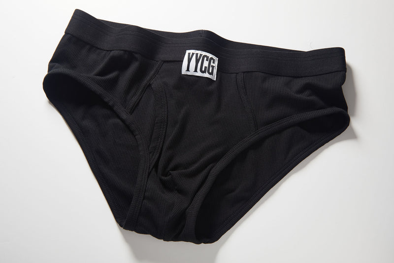 Black Ribbed Brief studio flat-lay — YYCG men's ribbed bamboo-rayon underwear
