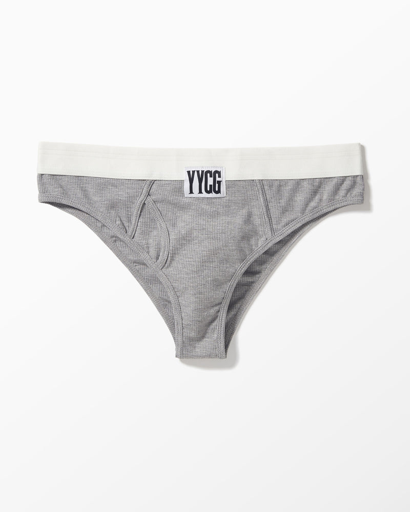 Gray Ribbed Boy Brief studio flat-lay — YYCG women's ribbed bamboo-rayon underwear
