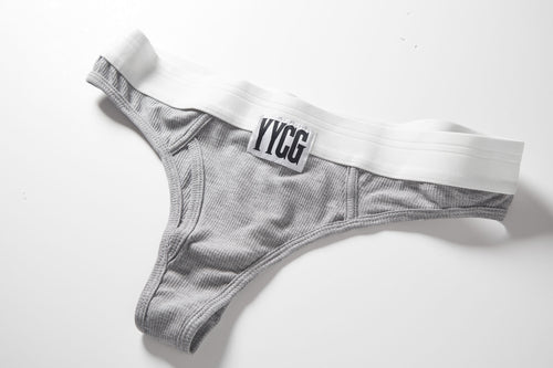 Gray Ribbed Thong studio flat-lay — YYCG women's ribbed bamboo-rayon underwear
