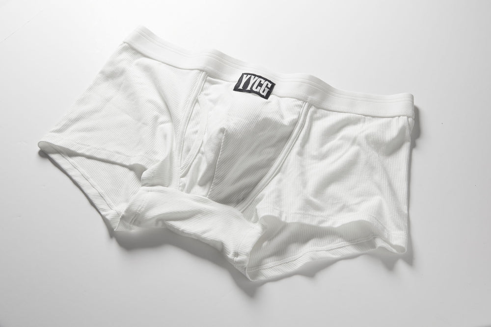White Ribbed Boxer Brief studio flat-lay — YYCG men's ribbed bamboo-rayon underwear
