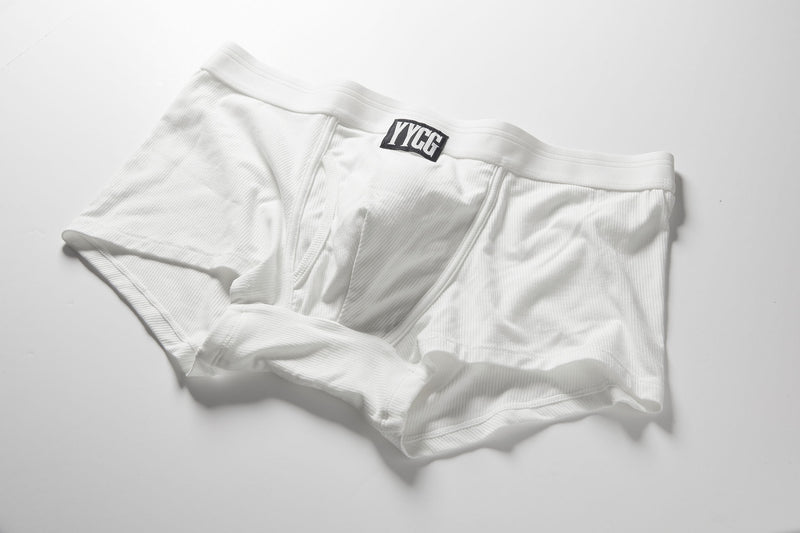 White Ribbed Boxer Brief studio flat-lay — YYCG men's ribbed bamboo-rayon underwear
