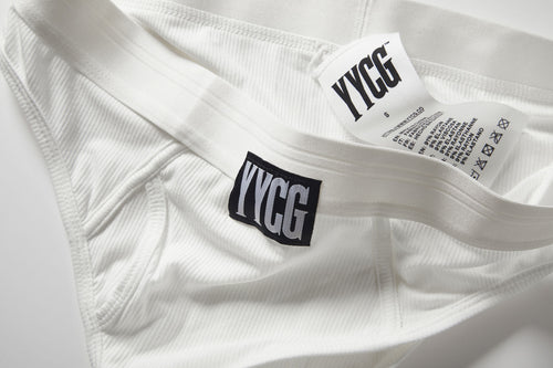 White Ribbed Boy Brief studio flat-lay — YYCG women's ribbed bamboo-rayon underwear
