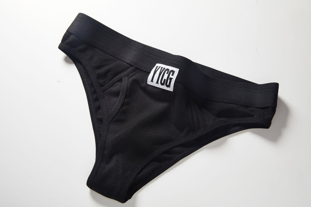 Black Ribbed Boy Brief studio flat-lay — YYCG women's ribbed bamboo-rayon underwear
