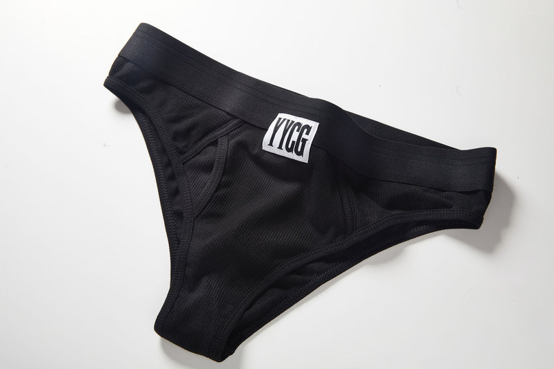 Black Ribbed Boy Brief studio flat-lay — YYCG women's ribbed bamboo-rayon underwear
