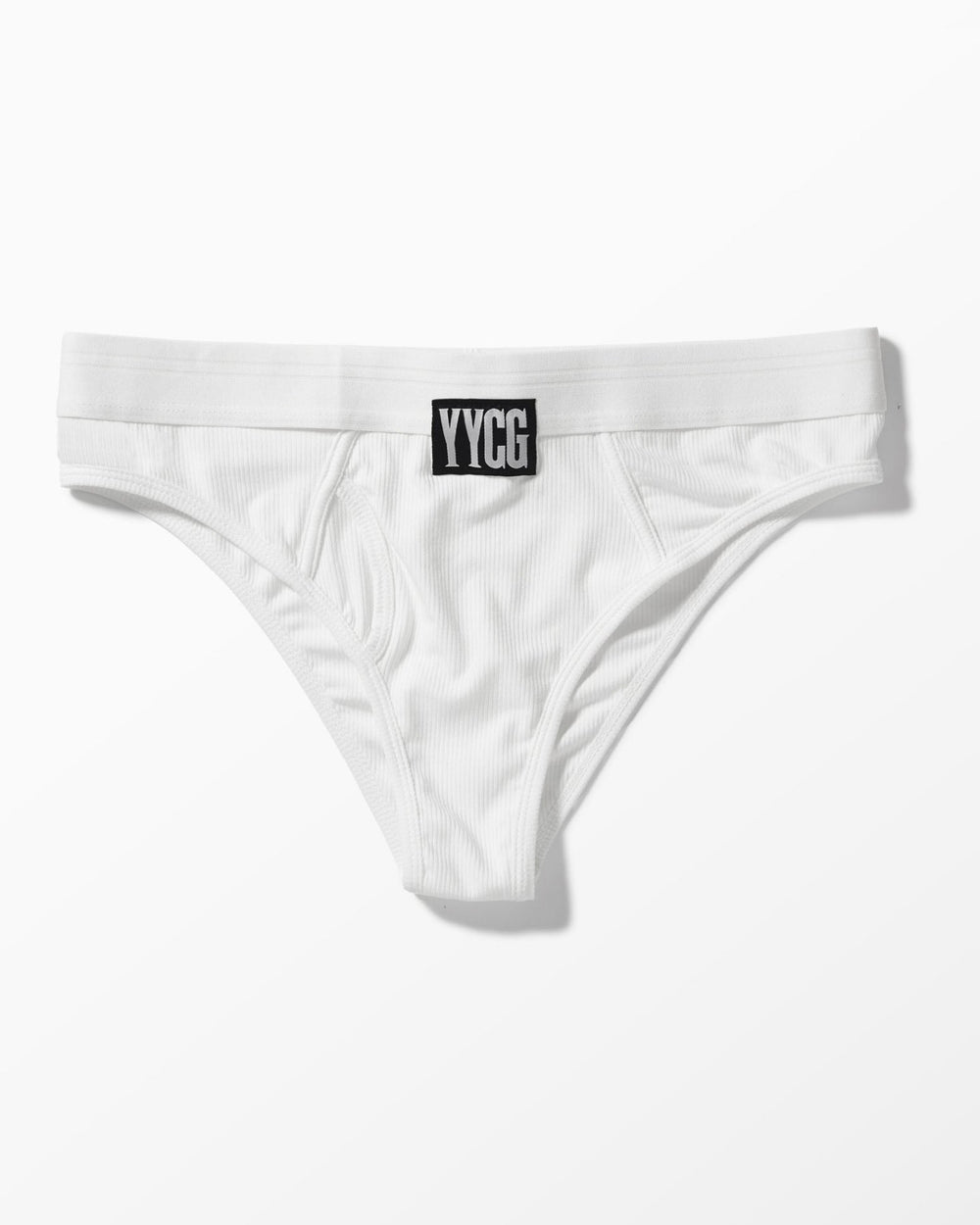 White Ribbed Boy Brief studio flat-lay — YYCG women's ribbed bamboo-rayon underwear
